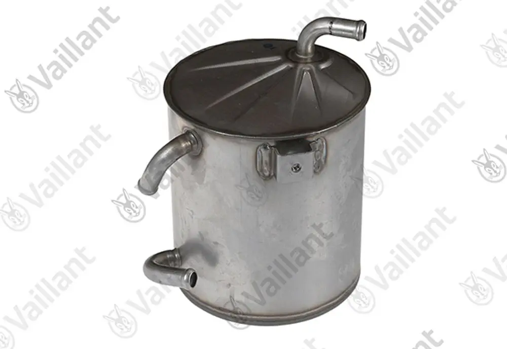 Edelstahl-Wärmetauscher der Marke Vaillant mit zwei Rohranschlüssen und gewölbtem Deckel, vertikal stehend und zylindrischer Form.